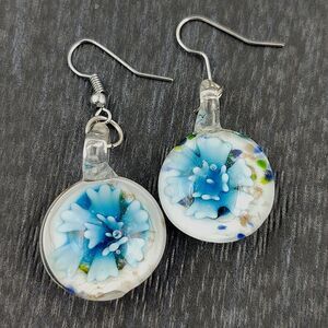 Blown Glass Injection Flower Hanging Earrings - Blue & White
